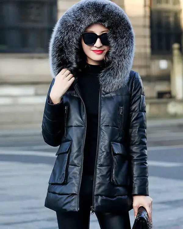 Women Genuine Leather Jacket Winter Faux Fur And Hooded Jacket