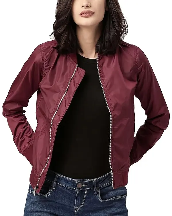 Women Maroon Bomber Solid Satin Jacket