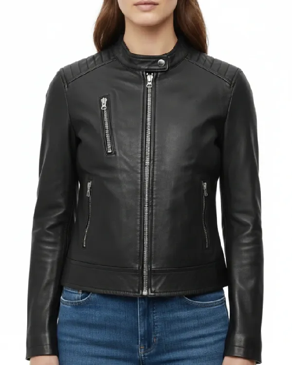 Women Meadowlark Quilted Black Leather Moto Jacket
