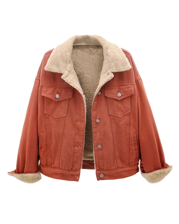 Women Red Denim With Sherpa Lined Jacket