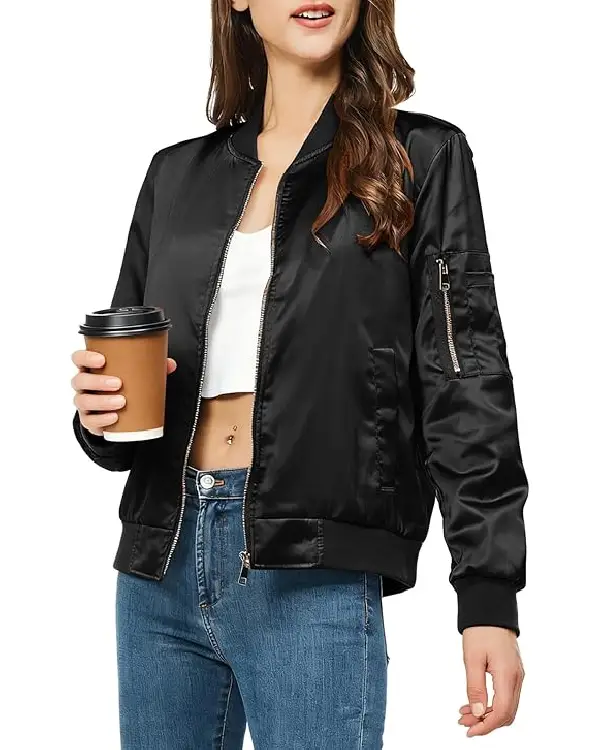 Women Satin Bomber Jacket Zip Up Fall Windbreaker Varsity Jacket
