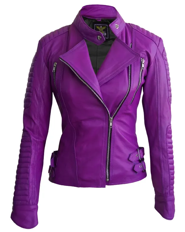 Women Stylish Purple Brando Quilted Moto Leather Jacket