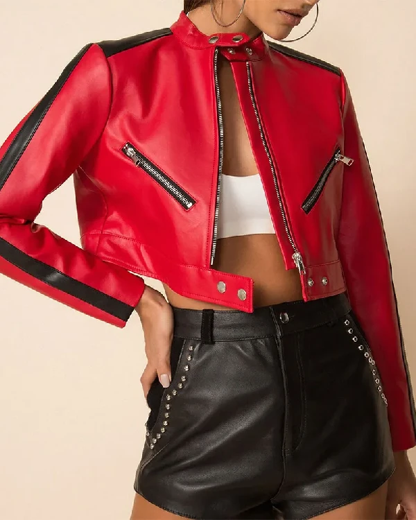 Women Thandi Cropped Red Racer Moto Leather Jacket