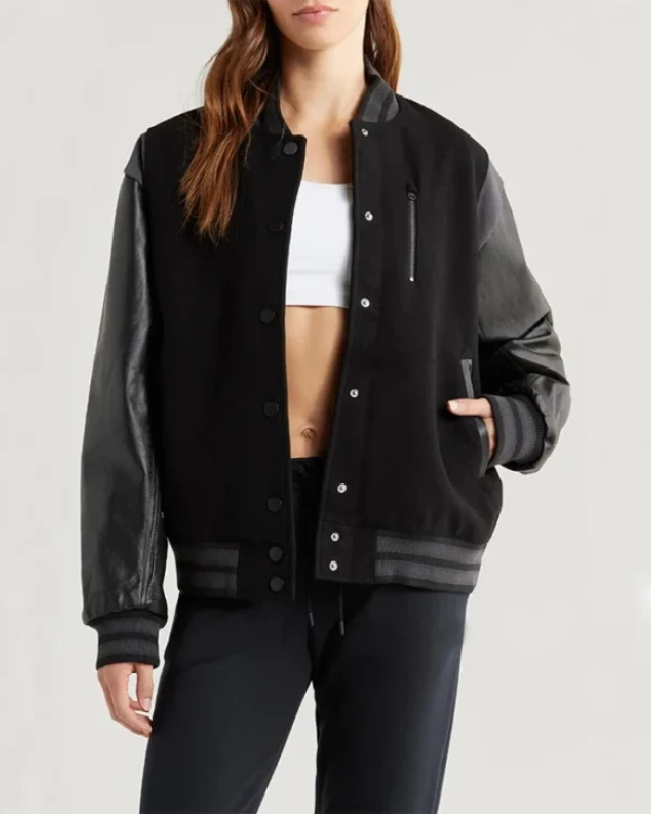 Womens Black Classic Bomber Jacket With Leather Sleeves