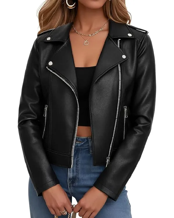 Women's Black Classic Stylish Cropped Moto Leather Jacket For Sale (1)