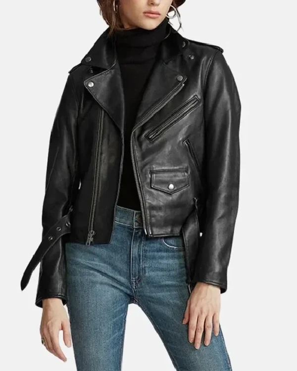 Womens Black Slim Fit Real Leather Moto Jacket