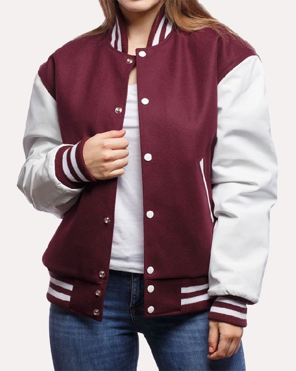 Womens Burgundy And White Leather Sleeves Varsity Jacket