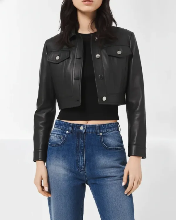 Women's Cropped Buttoned Closure Black Leather Jacket