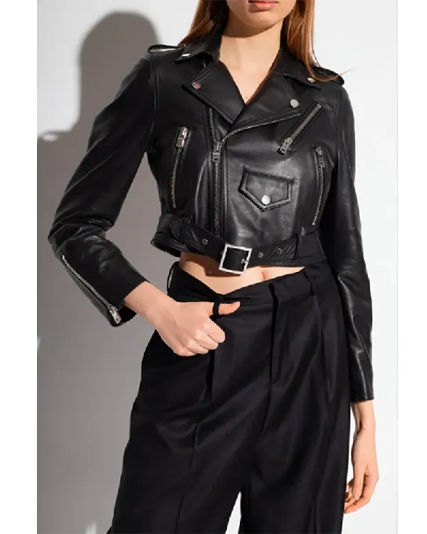 Women’s Cropped Stylish Belted Black Leather Jacket