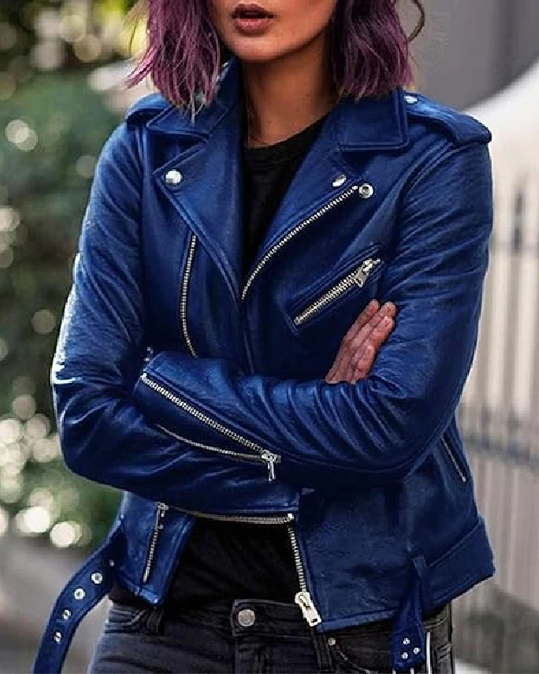 Women's Dark Blue Trendy Style Biker Leather Jacket