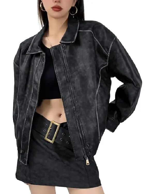 Women's Faux Leather Bomber Jacket Motorcycle Leather Jacket