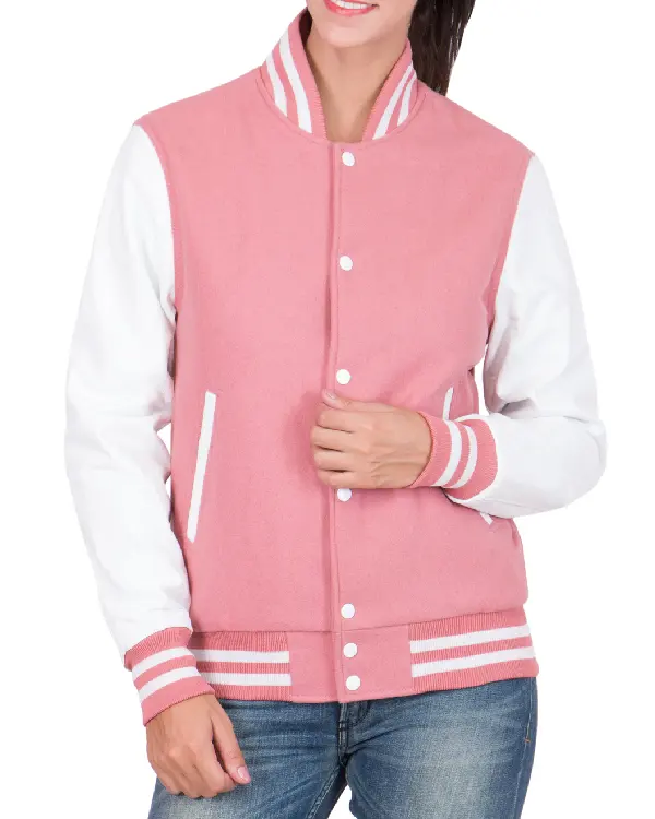Women's Pink & White Wool Body Varsity Jacket