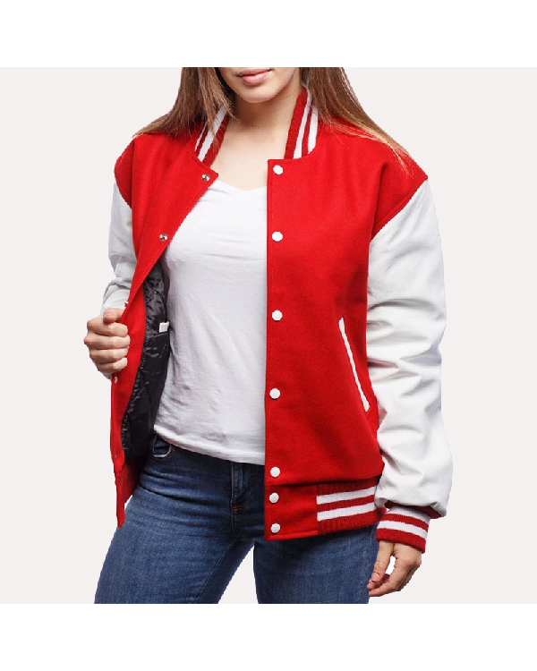 Womens Red and White Leather Sleeves Varsity Jacket