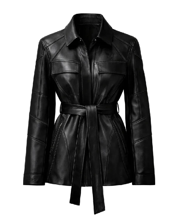 Womens Slim-Fit Premium Black Leather Coat For Sale