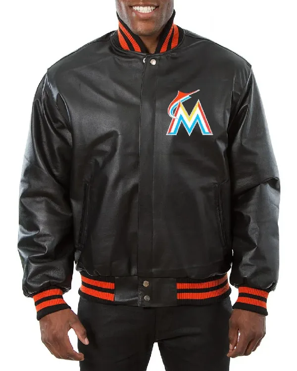 Buy Miami Marlins Black Leather Varsity Letterman Jacket Sale