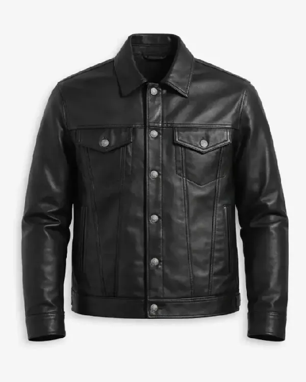 Men's Black Leather Trucker Jacket