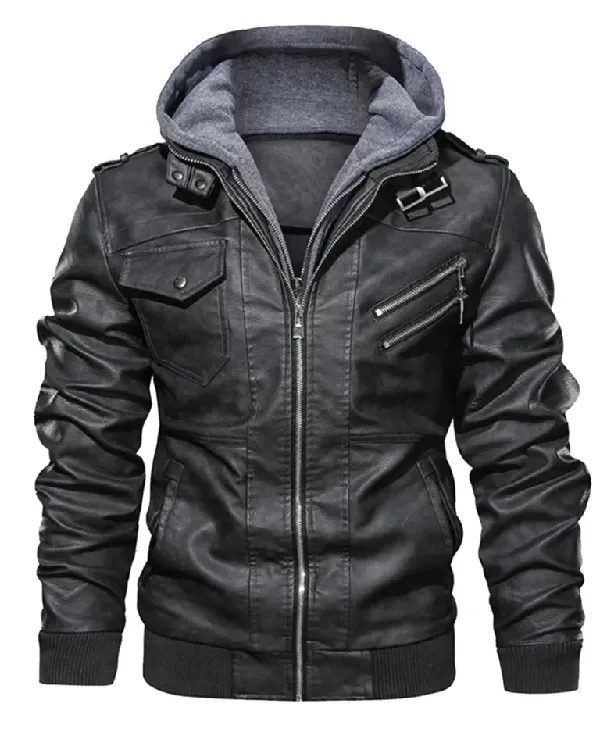 Men's Grey Hooded Biker Bomber Leather Jacket