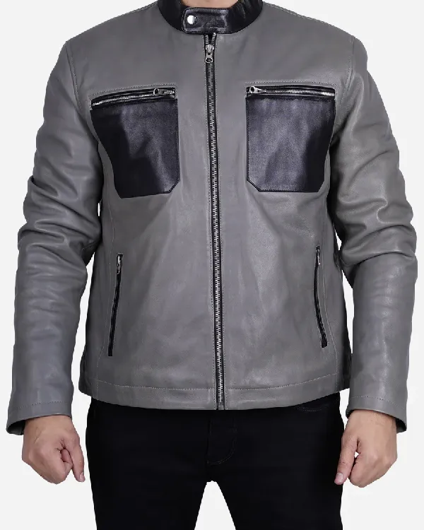Men's Grey LEather Leather Biker Jacket