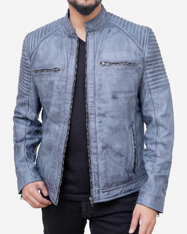 Men's Grey Leather Biker Jacket Sale