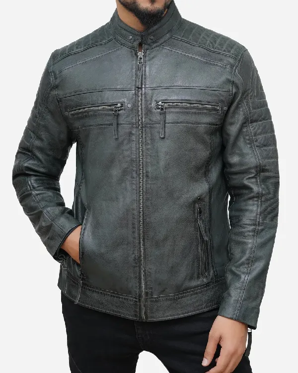 Men's Grey Leather Motorcycle Jacket