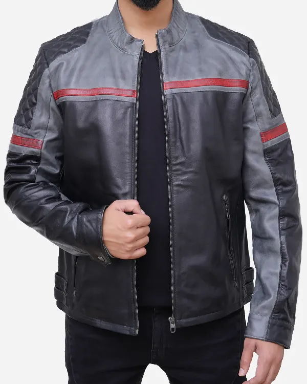 Men's Grey Quilted Biker Leather Jacket