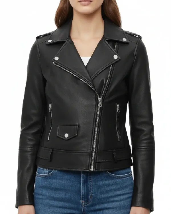 Women Black Leather Biker Jacket Sale