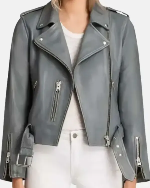 Women's Asymmetrical Lapel Collar Biker Grey Leather Jacket