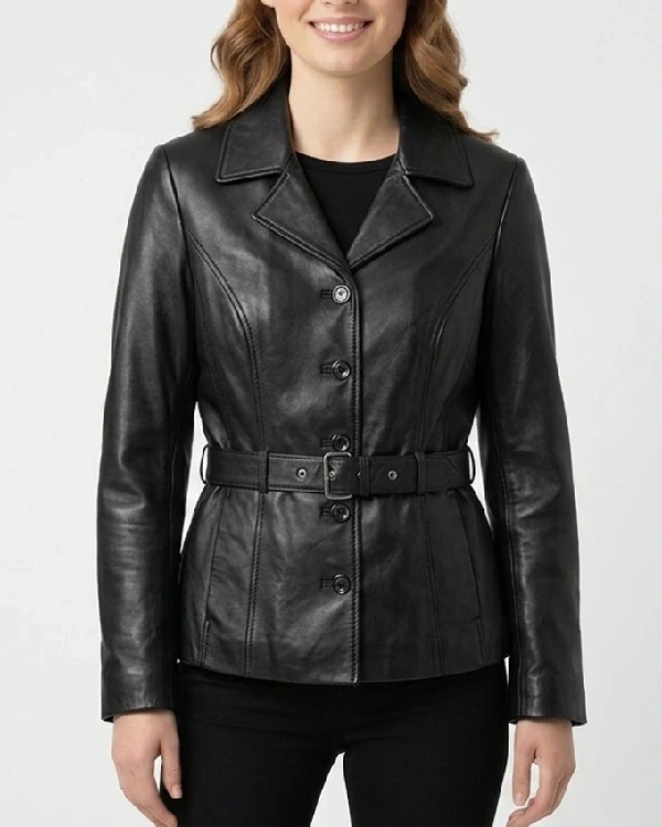 Women's Black Belted Leather Jacket