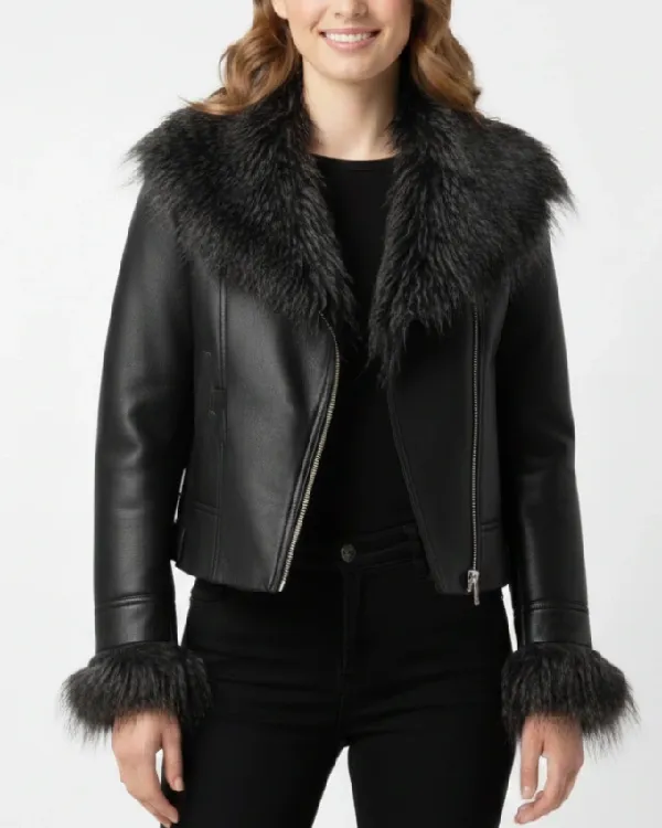 Women's Fur Collar Leather Black Biker Jacket