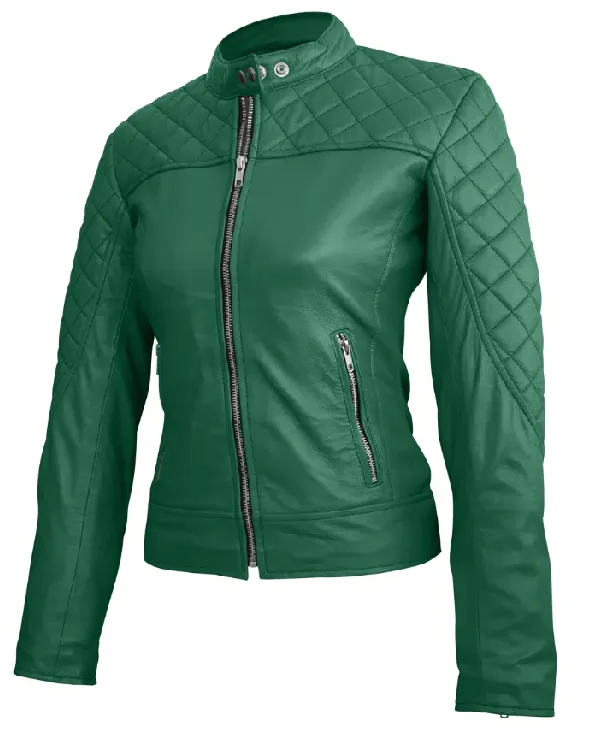 Women's Slim Fit Green Leather Jacket