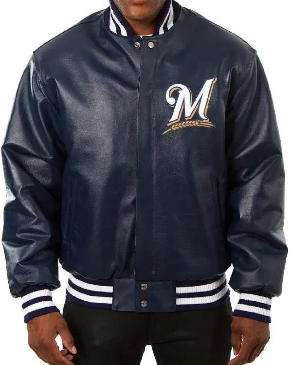 Milwaukee Brewers Blue Leather Varsity Jacket