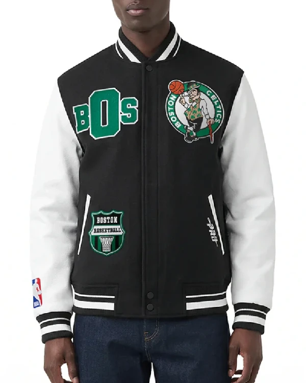 Boston Celtics Black Leather Letterman Jacket