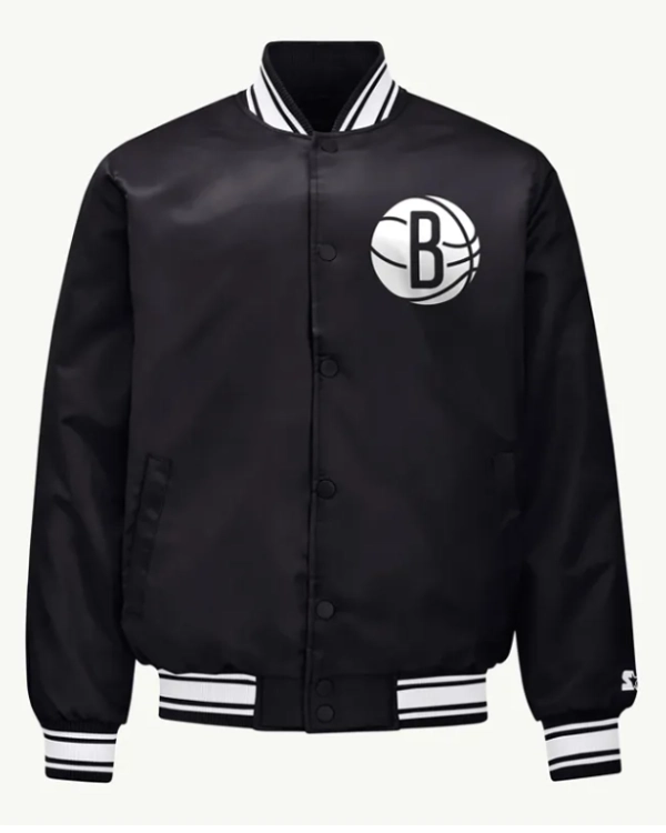 Brooklyn Nets Printed Graphic Black Varsity Satin Jacket
