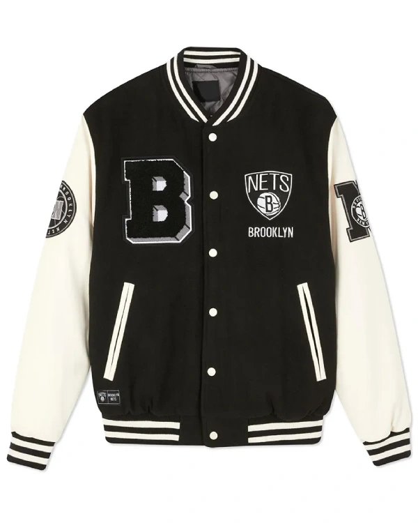 Brooklyn Nets Varsity Black and Off White Jacket