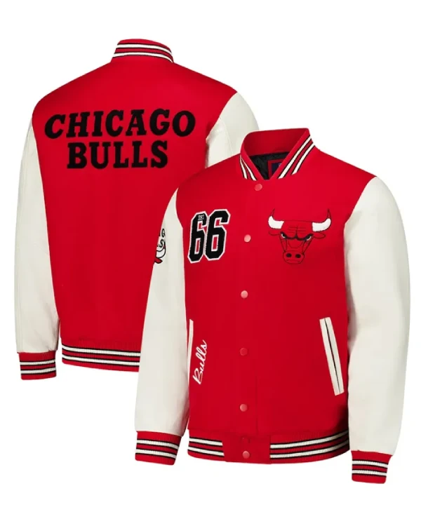 Chicago Bulls Moneyball Red and White Full-Snap Varsity Wool And Sleeves Leather Jacket