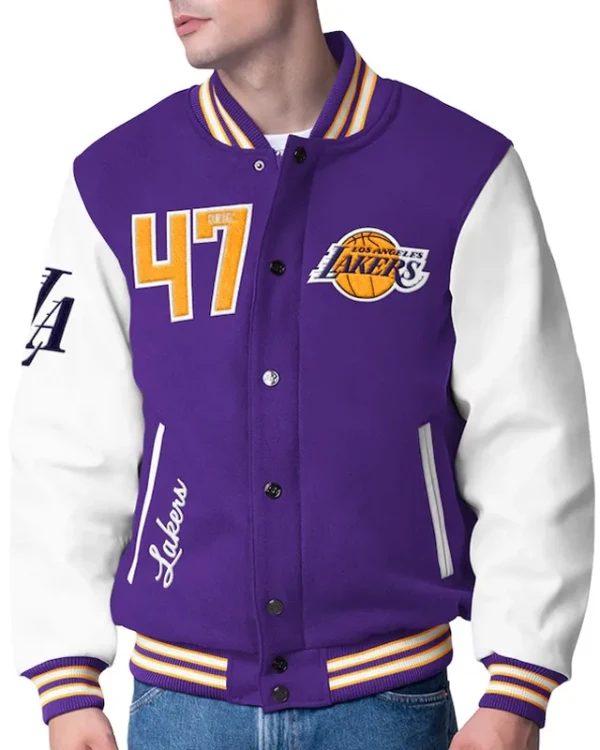 LA Lakers Moneyball Purple And White Varsity Jacket