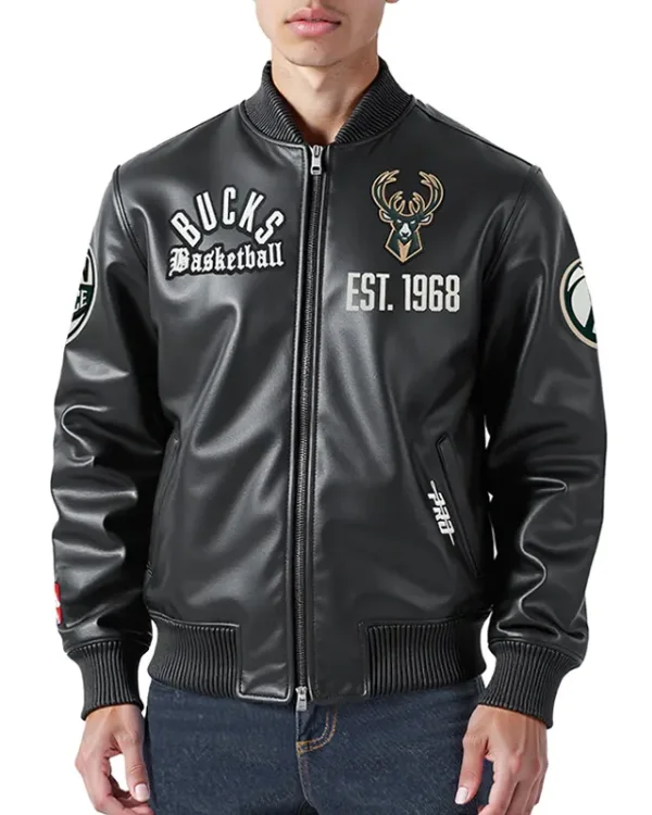 Milwaukee Bucks Modern Originals Black Varsity Leather Jacket