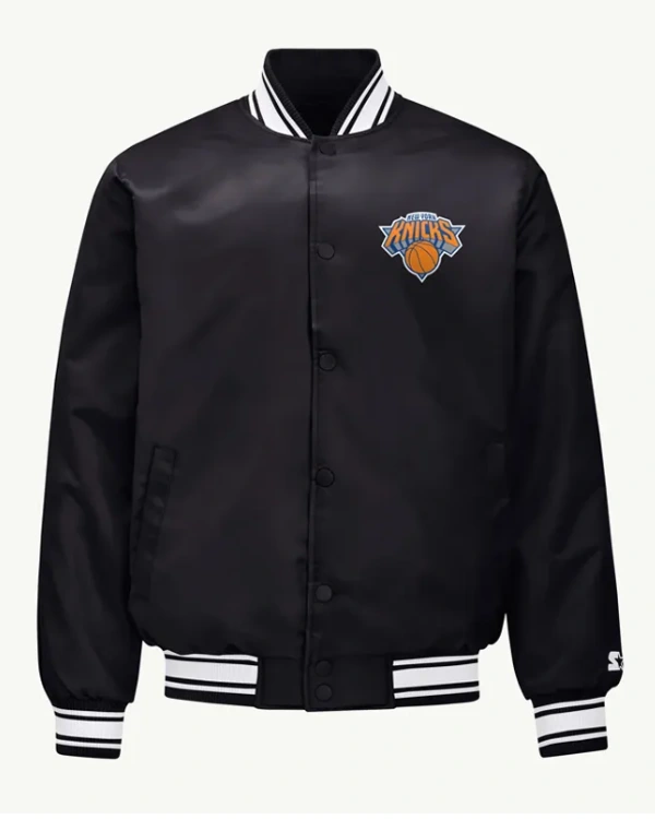 NY Knicks Mesh Look Black Varsity Satin Jacket