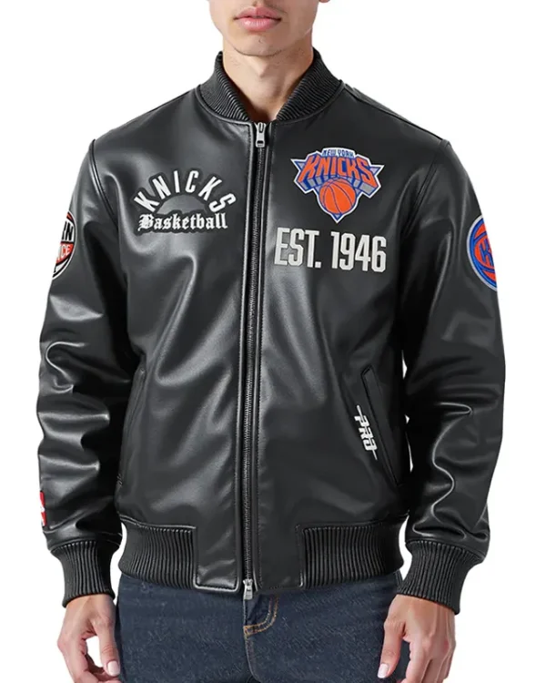 NY Knicks Modern Originals Black Varsity Leather Jacket