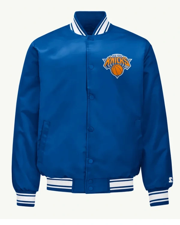 NY Knicks Printed Graphic Royal Varsity Satin Jacket