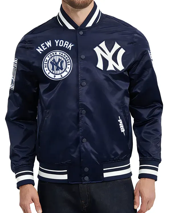 NY Yankees Letterman Navy Satin Jacket