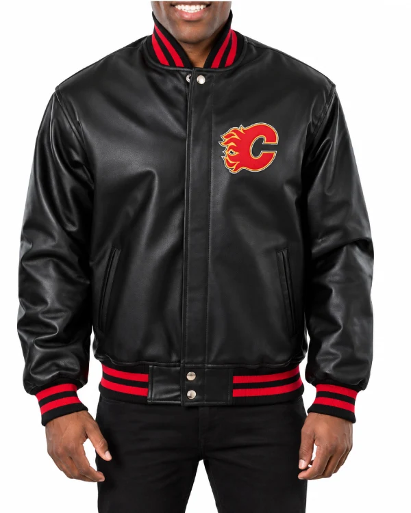 Calgary Flames Black Leather Bomber Jacket
