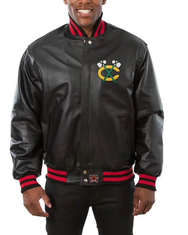 Chicago Blackhawks Black Leather Varsity Jacket