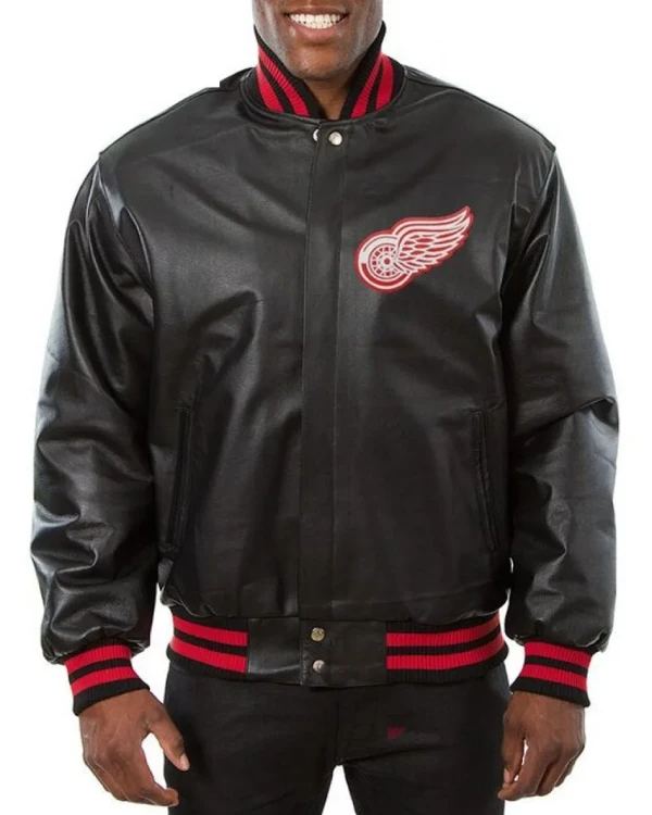Detroit Red Wings Black Leather Varsity Jacket