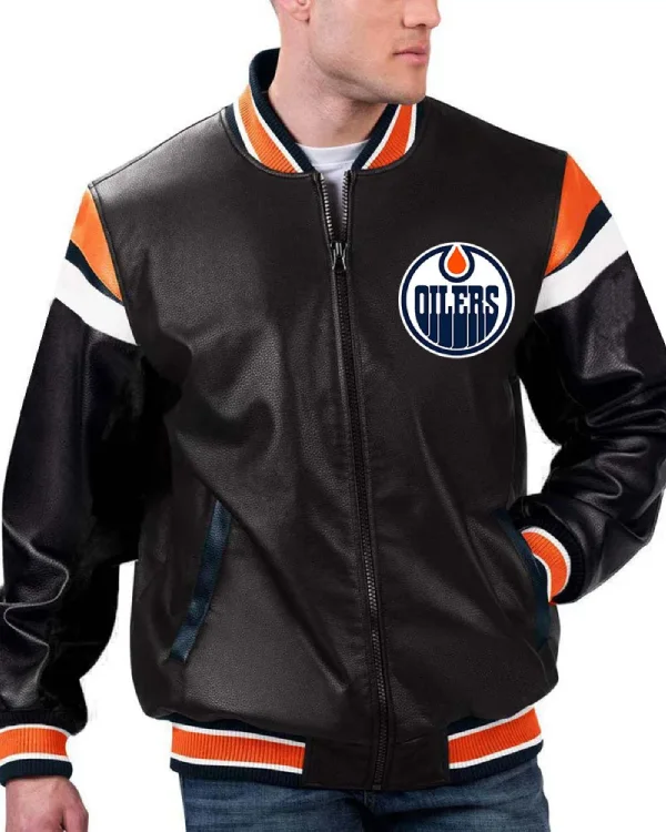 Edmonton Oilers Blue Leather Varsity Jacket