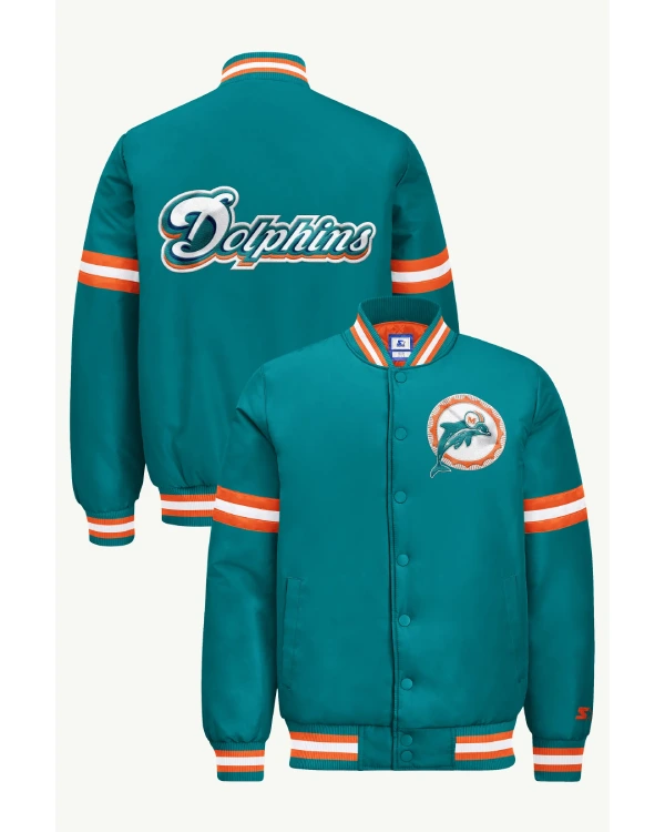 Mens Miami Dolphins Courtside Satin Varsity Jacket