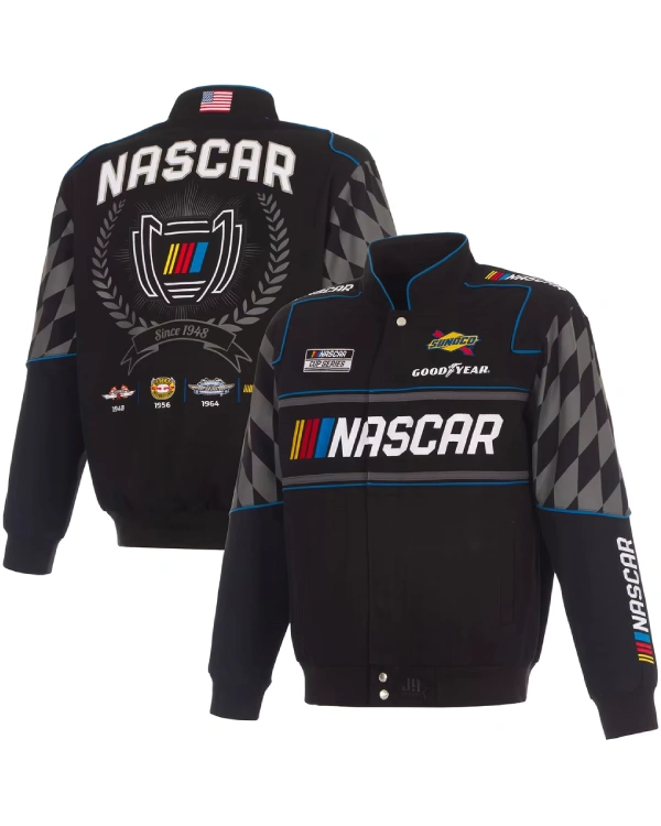 Mens NASCAR JH Design Black 2026 Full-Snap Twill Racing Jacket